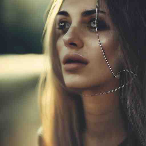 portrait of a woman, sliver chains, sliver hair, natural, light makeup, cinematic, cinematic, focus 