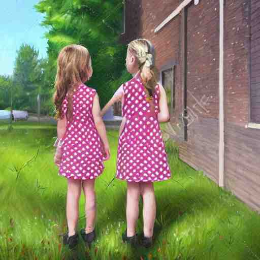 two little girls wearing polka dot dresses are smoking a big joint together behind the school building, realistic painting 