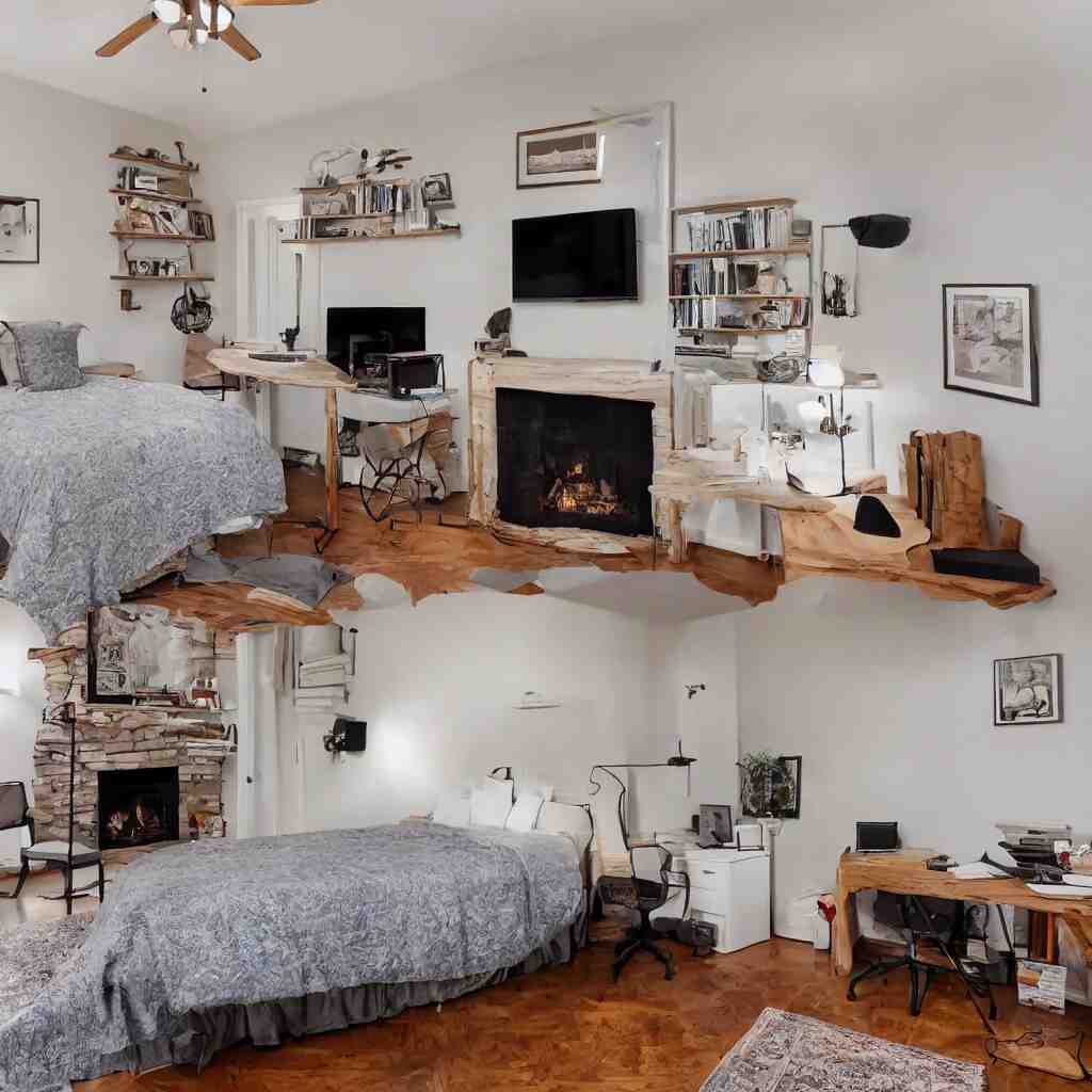 simple bedroom, fireplace in corner, timber desk with a pc atop of it to the right of the fireplace, queen size bed to the left of the fireplace. to the right of the desk, there is a shoe rack with shoes on it, photo, realistic, real estate 