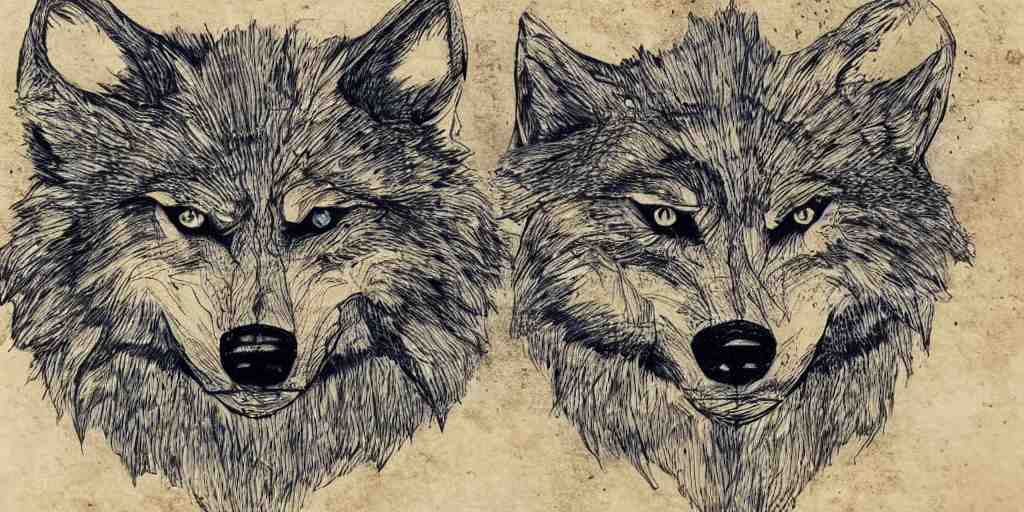 face of a wolf in the style of a medieval fantasy map, mountains, forests.  Skyrim, Lord of the Rings map, Zelda Breath of the Wild map, drawing on parchment