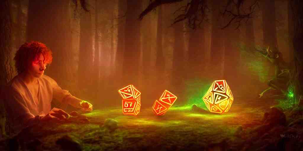 a curious, mythical forest spirit rolling a six - sided dice, d 6 dice, glowing energy, fantasy magic, by willian murai and jason chan, fantasy, dramatic lighting, golden ratio, sharp focus 