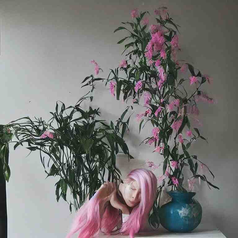 “art in an Australian artist’s apartment, organic, portrait of women, pink and blue hair, lesbian, ikebana, Japanese pottery, sacred feminine, womanhood”