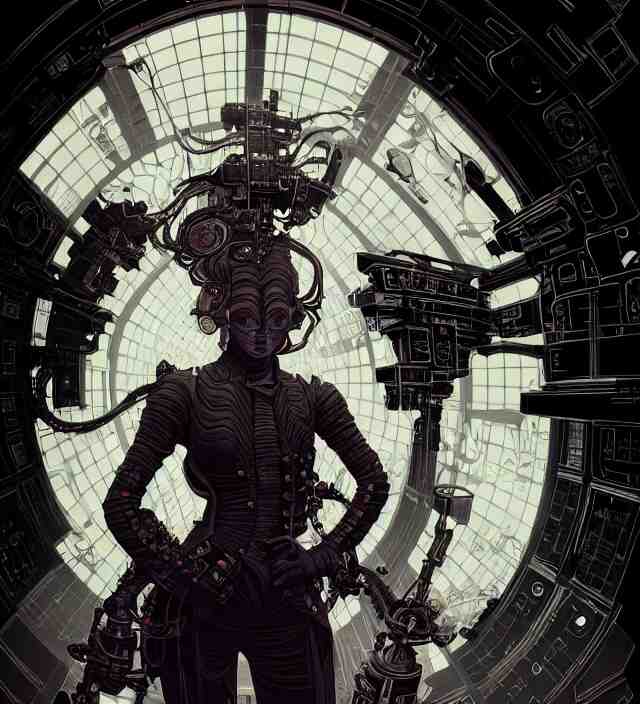 a baroque portrait of a retrofuturistic assassin in light surrounded by advanced architecture. minimalist dark wet architecture with some highly detailed science fiction details, rich colors, high contrast, black shadow level, moody dark background. trending on artstation an ultrafine hyperdetailed colorfull illustration by kim jung gi, moebius, irakli nadar, alphonse mucha, ayami kojima, amano, greg hildebrandt, syd mead and mark brooks, female, feminine, art deco, new baroque, intricate linework, colors by frank frazetta 