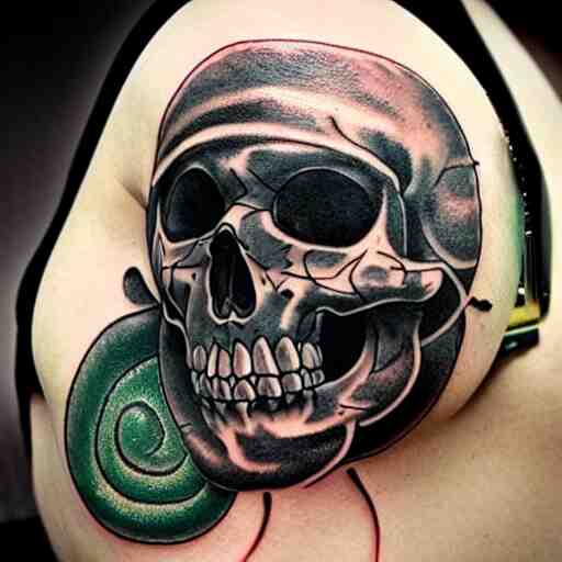 dark tattoo, snake wrapping its body around skull, toxic acid green dark colors