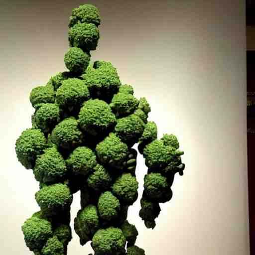 sculpture of a bodybuilder made entirely from fresh broccoli by antoni gaudi 