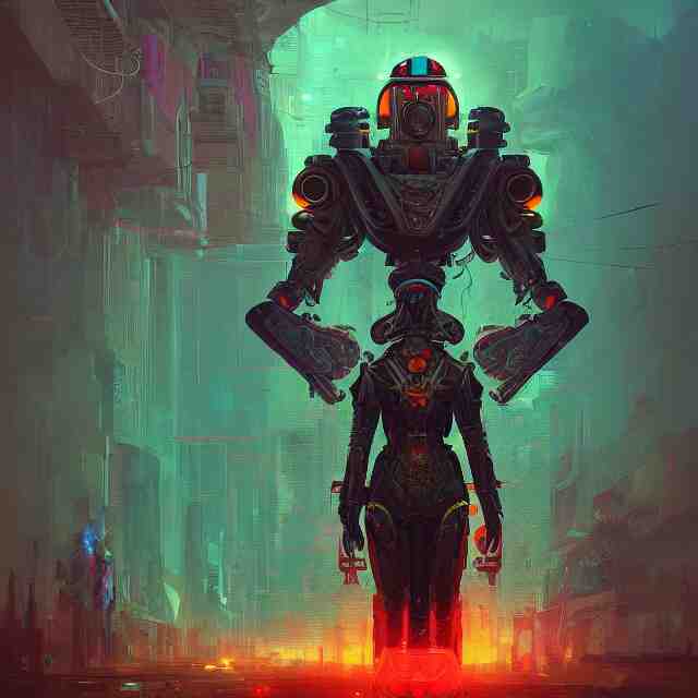 a beautiful portrait painting of a ( ( ( cyberpunk ) ) ) armor by simon stalenhag and pascal blanche and alphonse mucha and nekro. in style of digital art. colorful comic, film noirs, symmetry, brush stroke, vibrating colors, hyper detailed. octane render. trending on artstation 