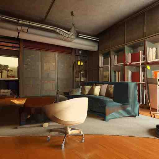 Sci fi living room engine room, electric wallpaper, unreal engine 5 tech demo, zillow interior, cool tint, metallic reflective, octane render, Frank Lloyd Wright ((Studio Ghibli))