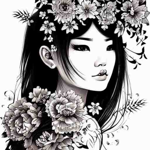 tattoo design, stencil, traditional, beautiful portrait of a Asian girl with flowers in her hair, upper body, by artgerm, artgerm, digital art, cat girl, sexy