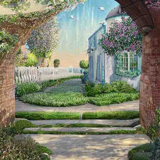 delicate starship, chairs, garden, paved, botanic watercolors, iridescent, 8 k, realistic shaded, fine details, artstation, italian, iron gate, tree, mediterranean, marvelous 