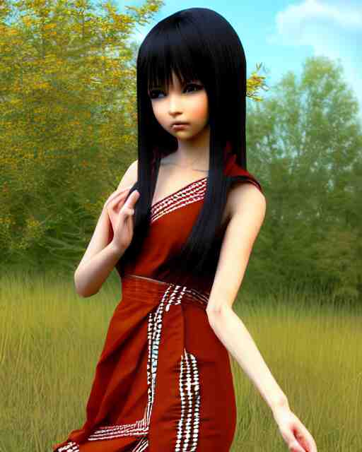 render as a very beautiful daz 3d anime manga girl, wearing assamese bihu mekhela sador gamosa dress, long shiny black hair, hazel eyes, full round face, short smile, assam landscape setting, sunny ambient diffused glow cinematic HDRI lighting, medium shot, mid-shot, highly detailed, daz studio genesis iray gorgeous, detailed  anatomically correct face!! anatomically correct hands!! amazing natural skin tone, ultra hd, trending on Artstation, Unreal Engine 4k, anime masterpiece, subsurface scattering