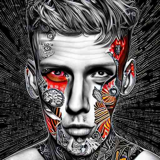 an extremely psychedelic portrait of mgk, surreal, lsd, face, detailed, intricate, elegant, lithe, highly detailed, digital oth, sharp focus, illustration, 