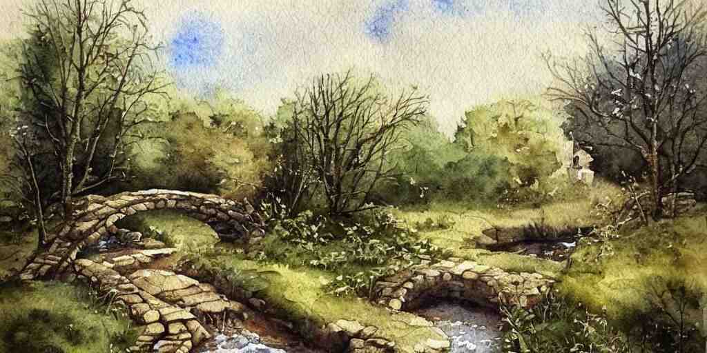 medieval path in the countryside, crossing a small river with a small bridge, exquisite masterpiece watercolor painting, trending on artstation 