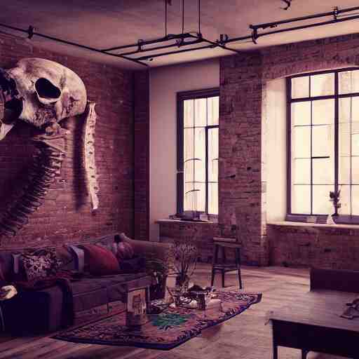 a beautifully decorated loft, interior design, mammoth skeleton in a corner, vray render, 8 k, artstation 