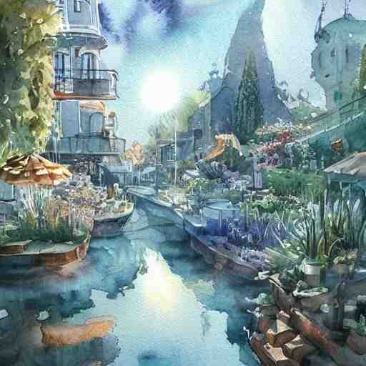 Beautiful happy picturesque charming sci-fi town in harmony with nature. Beautiful light. Water and plants. Nice colour scheme, soft warm colour. Beautiful detailed artistic watercolor by Vincent Bons. (2022)