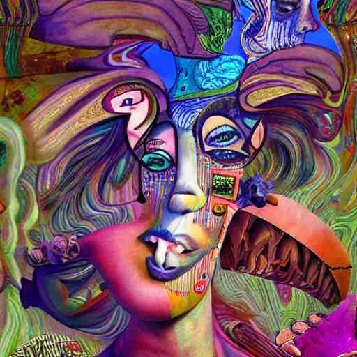 beautiful, insane, bizarre, wacky, mixed media collage, dadaist, picasso, giraud, kinkade, artstation, vivid, hyper detailed, digital art, deep and dense coloration, 