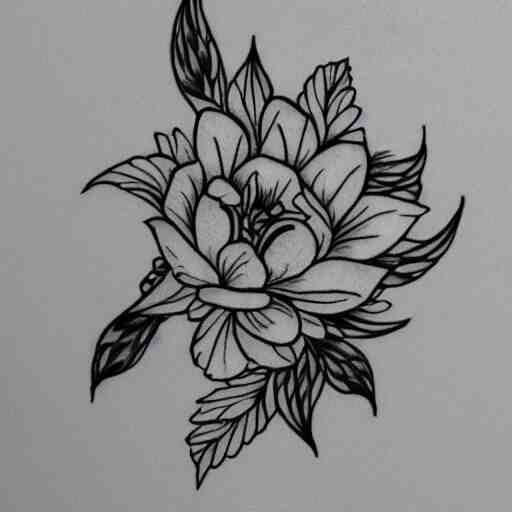 photograph of a floral tattoo, line drawing, black ink, minimalist, photo - realistic 