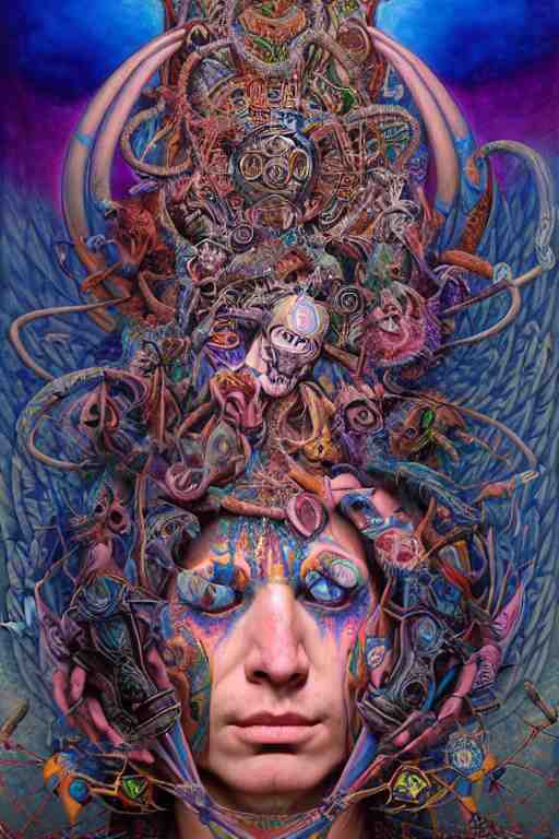 psychedelic shaman, blue and pink, wearing celtic tattoos, inside an epic, ancient temple, ayami kojima, greg hildebrandt, mark ryden, hauntingly surreal, eerie vibrating color palette of charlie immer, highly detailed painting by, jenny saville, soft light 4 k 