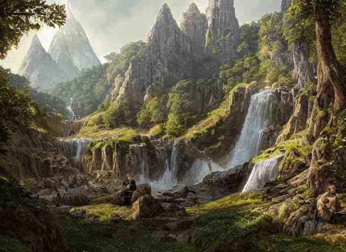 medieval adventurers in the shire scenery landscape, lord of the rings, enormous waterfall ruins, rule of thirds, highly detailed, perfect lighting, perfect composition, 4 k, artgerm, derek zabrocki, greg rutkowski 