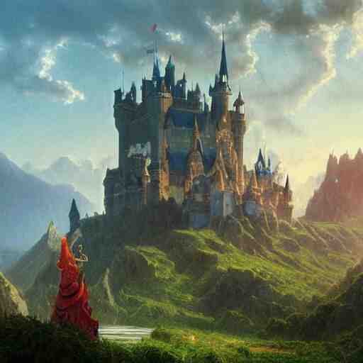 beautiful matte art of a big castle in a serene landscape, a knight riding a dragon, by albert bierstadt, green grass, highly detailed, crystal lighting, mystical, forest, hyperrealistic, 4 k, unreal engine, magical, by joe fenton, by greg rutkowski, by greg tocchini, by kaws, by kate beaton, by kaethe butcher 