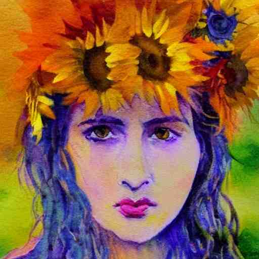 molly sanden, watercolor, in the style of claude monet, beautiful face, sunflowers, fall leaves red and orange, award winning, hd, 4 k, purple, blue 