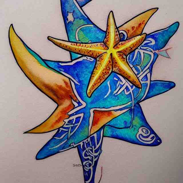 starfish, tattoo design, watercolor, maximalist, high detail 