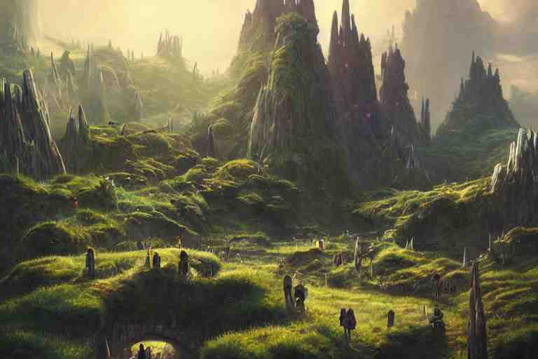 Brutalist Shiro, fantasy landscape, Eden at Dawn, gleaming morning cinematic lighting, amazing cinematic concept painting,  by Jessica Rossier,  Himeji Rivendell  Garden of Eden valley, wildflowers and grasses, terraced orchards and ponds, lush fertile fecund, fruit trees, birds in flight, animals wildlife, beksinski