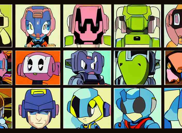 a 3 - by - 3 grid of 9 framed closeup face portraits of cute evil robots, in the style of mega man. 