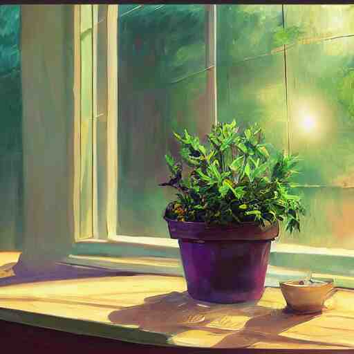 dittany in a pot, on wooden table in the ray of sunshine in greenhouse, oil painting, sharp focus, high detailed, calm, warm lighting, sparkles, digital art, concept art, by Rutkowsky,