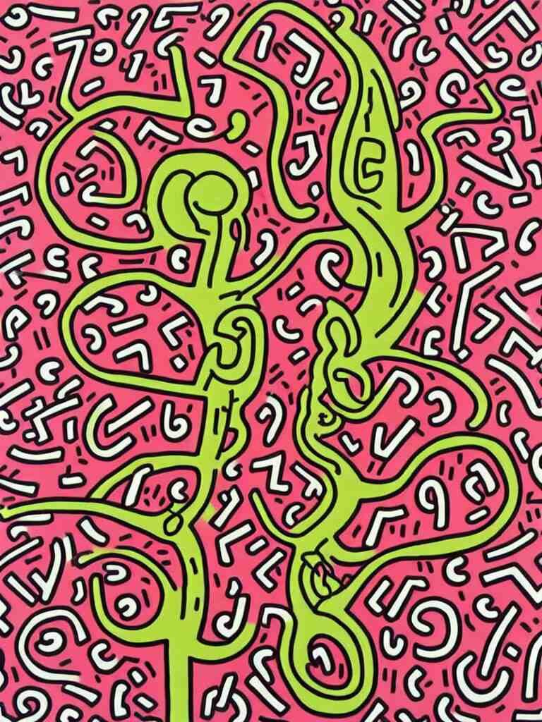 keith haring art of acorn that turns into a tree in the shape of a treble clef, a big rip down the middle, splashes of color, inspirational and powerful 