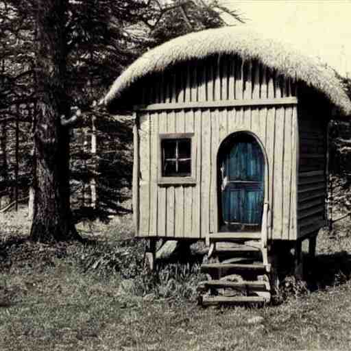 A vintage photo of a witches hut with a witch standing on the Porch, 70s, vintage, old