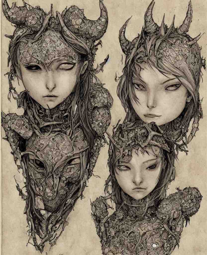 fantasy, symmetrical beautiful human face, front view, female humanoid creature, plant armour, wide intricate horned insect head piece covering forehead, button nose, full lips, muscular, large cute anime eyes, stylised, torso and head, bust, diagram, greys anatomy book, on old distressed parchment paper, watercolour, by brian froud and boichi 