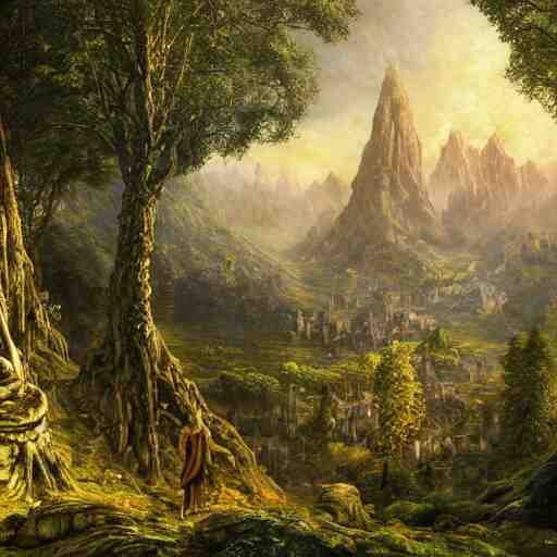 a beautiful and highly detailed epic oil painting of an elven city in the mountains, lush valley, beautiful trees, ancient stone runes, intricate details, epic scale, insanely complex, 8 k, sharp focus, hyperrealism, fantasy landscape, psychedelic, by caspar friedrich, brian froud, albert bierstadt, 