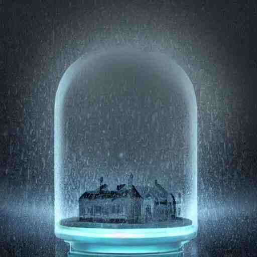 a rainstorm inside a snowglobe. Beautiful colorful clouds in moody greys and blues. High quality digital art, trending on artstation