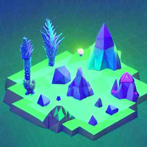 mobile game asset, isometric staircase, crystals, organic low poly design, bioluminescent alien - like plants inspired by the pandora aesthetic avatar's alien nature. we can see alien plants glowing in the dark arround the isometric itens in dark place cyan, orange smooth glow night photoshop filter low poly behance hd 