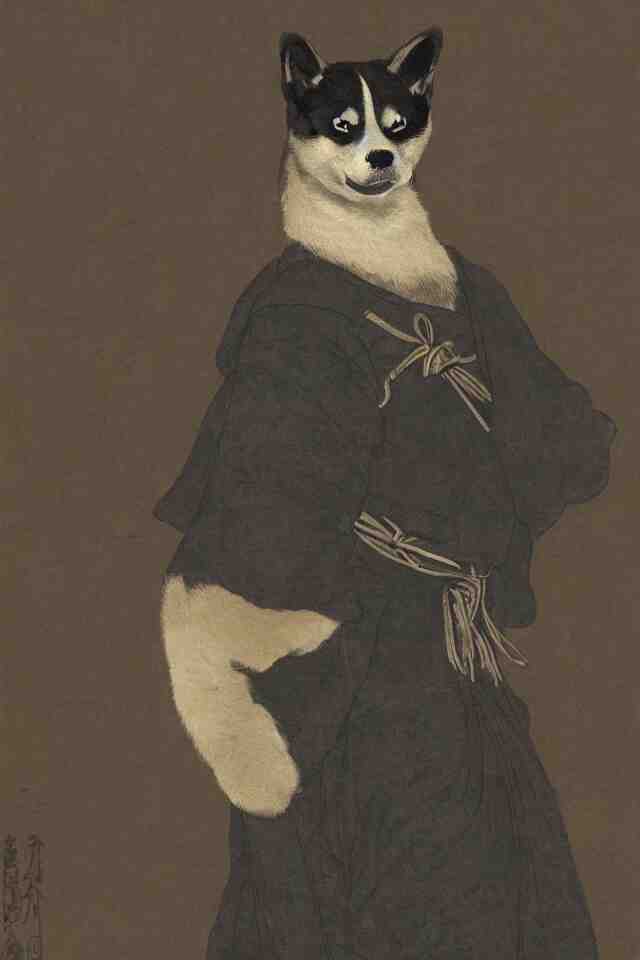 a portrait of a samurai shiba inu, in the art style of rembrandt, gilbert stuart, artistic, highly detailed, dark background, framed, 4 k, hyperrealistic 