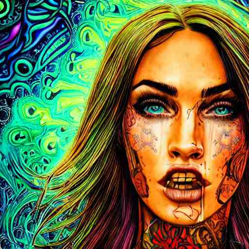 an extremely psychedelic portrait of megan fox as mgk, surreal, lsd, face, detailed, intricate, elegant, lithe, highly detailed, digital oth, sharp focus, illustration, 