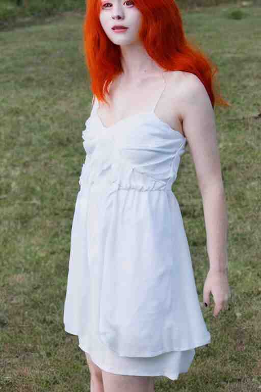 a photo of a 2 0 years old red haired girl wearing a 1 9 9 0 s white dress, photorealistic, 1 4 k hd quality, highly detailed, vibrant, more coherent, super high quality, hyper realistic, tan skin 
