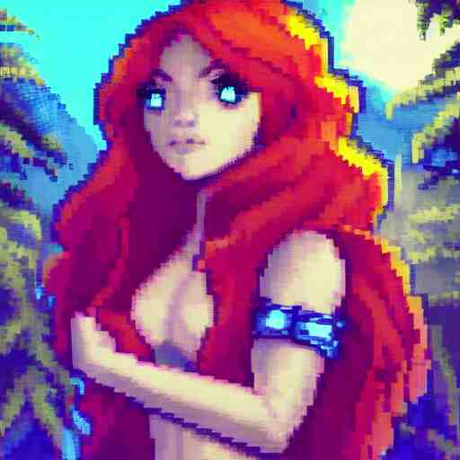 pixel art, 32-bit pixel art, vibrant sprite art, barbarian girl, electrified hair, prehistoric fantasy, palm trees