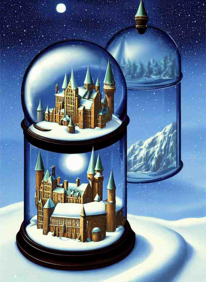 an achingly beautiful print of one snow globe with hogwarts inside by raphael, hopper, and rene magritte. detailed, proportional, romantic, vibrant, enchanting, trending on artstation 