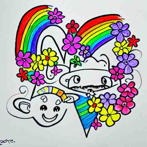 fun doodle characters, flowers, rainbows, drawn with a black 0. 3 mm fineliner on a white paper 