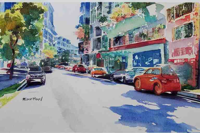 !! watercolor!! penang road in a sunny day, artwork by tooth wu, colorful contrast,!!!! very coherent!!!!, dark shadow, thick lineart 