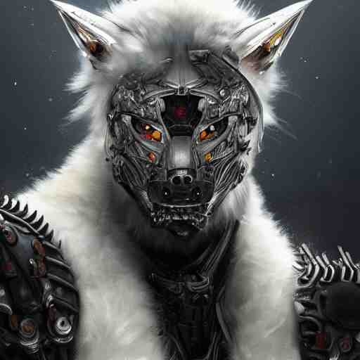 portrait painting of a cybernetic werewolf warrior with white fur and silver fangs wearing black power armor, ultra realistic, concept art, intricate details, eerie, highly detailed, photorealistic, octane render, 8 k, unreal engine. art by artgerm and greg rutkowski and alphonse mucha 