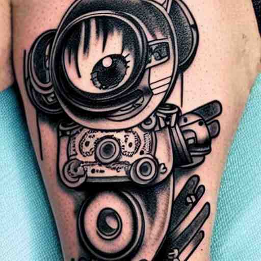 Anime manga robot!! cat tattoo, cyborg cat, exposed wires and gears, fully robotic!! cat, manga!! in the style of Junji Ito, Hayao Miyazaki and Naoko Takeuchi, cute!! chibi!!! cat, tattoo on upper arm, arm tattoo