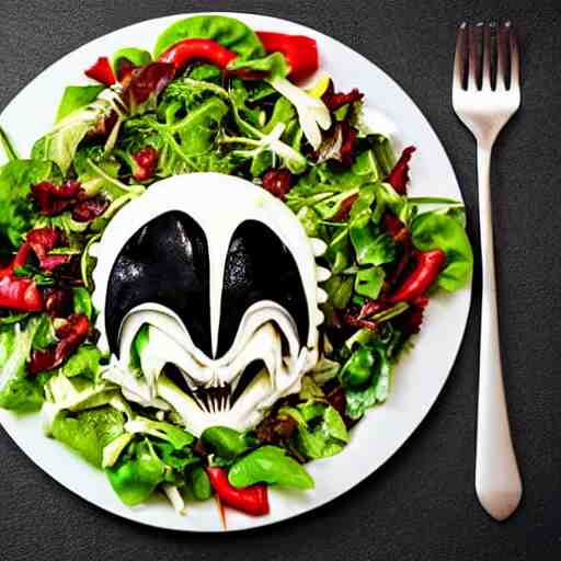 a plate of food made of salad and huge alien xenomorph, award winning photographer, food photography 