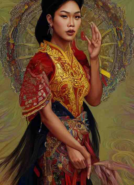 portrait of an indonesian supermodels wearing traditional costume, highly detailed, digital painting, artstation, concept art, sharp focus, illustration, art by kittichai rueangchaichan and james gurney and alphonse mucha 