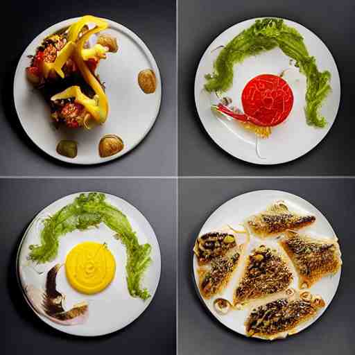 a meal of rather weird and slightly disgusting, but also futuristic designer food, food photography