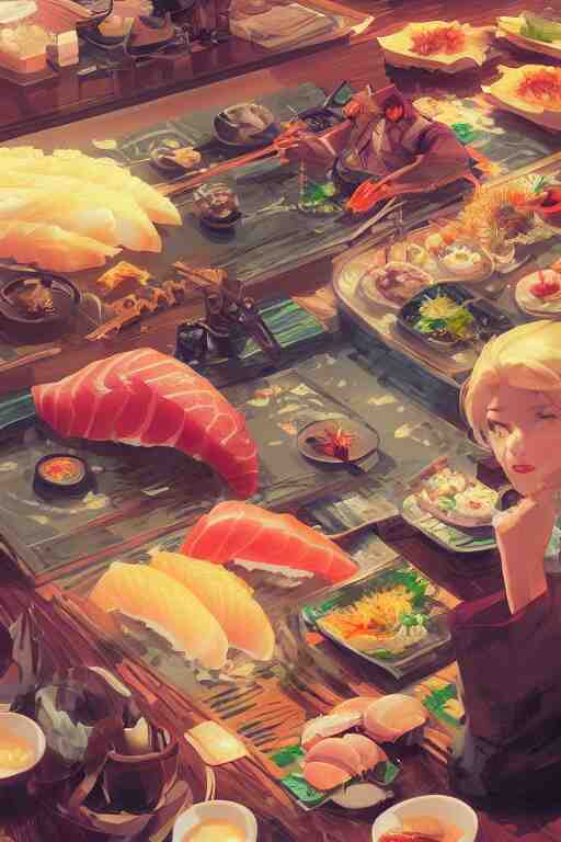 sushi, tooth wu, dan mumford, beeple, wlop, rossdraws, james jean, marc simonetti, artstation giuseppe dangelico pino and michael garmash and rob rey and greg manchess and huang guangjian and makoto shinkai 