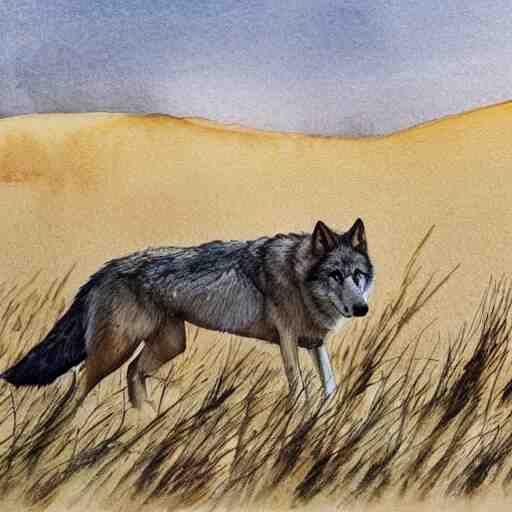 wide portrait of a wolf in a beautiful natural scene. heath, sand dune, dry grass and trees. beautiful light, dramatic clouds. soft colour scheme. beautiful artistic detailed watercolor illustration by lurid ( 2 0 2 2 ). 