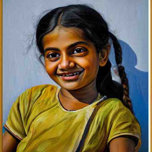 high quality high detail painting by lucian freud, hd, smiling cute indian girl portrait, photorealistic lighting 