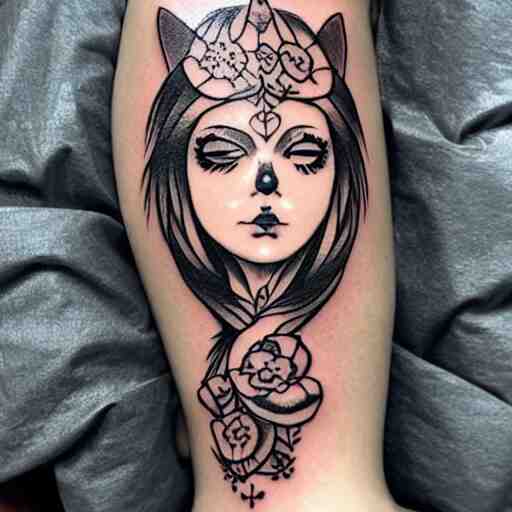 tattoo design, stencil, tattoo stencil, traditional, beautiful portrait of a warrior girl with a wolf headdress on surrounded by flowers, upper body, by artgerm, artgerm, artgerm, digital art, cat girl, anime eyes, anime, sexy-s 100